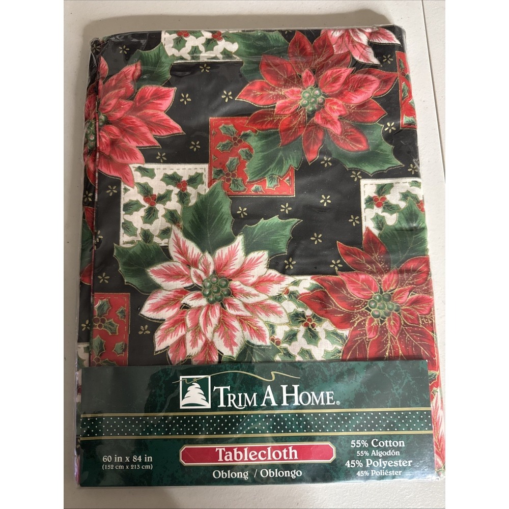Trim A Home Vinyl Tablecloth Poinsettia Pattern 60"x84" Oblong NEW
